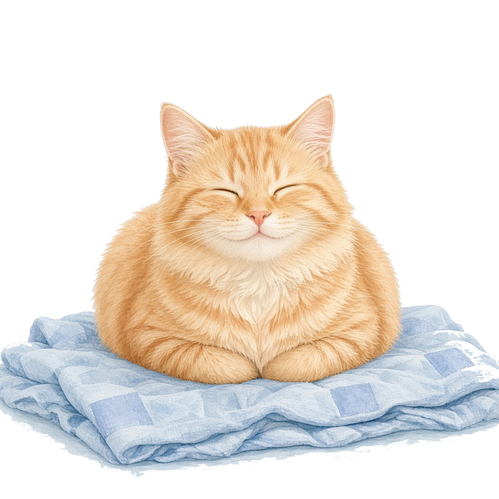 Довольный рыжий котик на голубом пледе